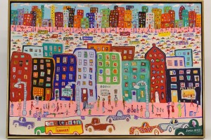 James Rizzi (1950-2011), street scene, oil on canvas